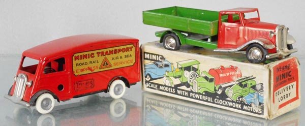 2 MINIC LORRIES: 103M Shutter Van, rear door intact, windup working, 10M Delivery Van, 4 tires flat, windup not working, orig box worn, C6-7.