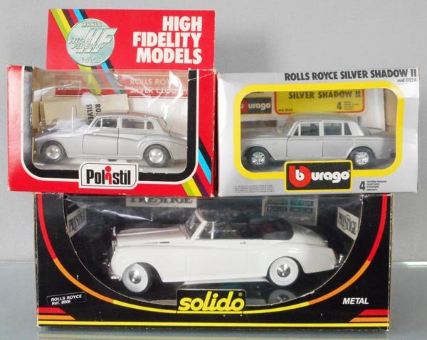 3 ROLLS ROYCE MODELS: die cast, Polistil S634 Silver Cloud, Burago 0134 Silver Shadow II, Solido 8006 Silver Cloud, orig boxes minor wear, C9.