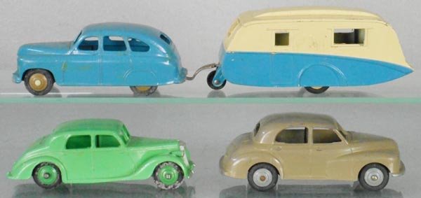 4 DINKY VEHICLES: 40A Riley, 40G Morris Oxford, 153 Vanguard, 190 Caravan, C5-6.