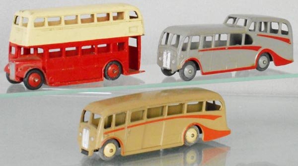 3 DINKY BUSES: 29C Doubledecker Bus, playworn, C4-5, 29F Observation Coach, 29G Luxury Coach, C6-7.