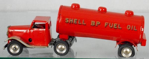 MINIC 31M SHELL BP OIL TANKER: windup working, rear tires flat, orig box minor wear, C8.