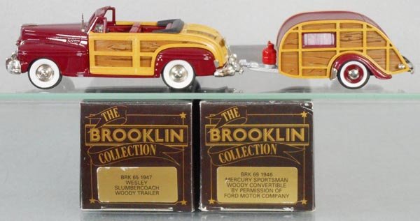 BROOKLIN WOODY CAR & TRAILER: white metal, BRK69 1946 Mercury Sportsman Convertible w/BRK65 1947 Wesley Slumbercoach Trailer, orig boxes & inserts, C9-10.