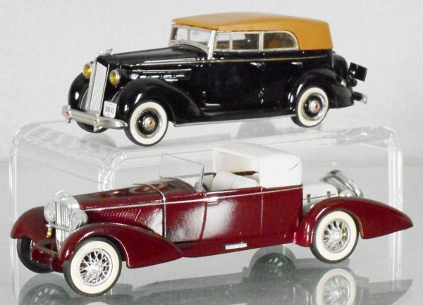 2 WHITE METAL MODELS: Mini Marque Packard, black & tan, Duesenberg, maroon & white, C9.