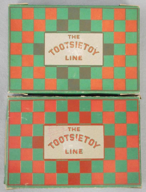 2 TOOTSIETOY TRADE PACK BOXES: 6103 Cadillac Brougham & 6205 Chevrolet Touring, each can hold 1 dozen cars, 1 w/orig dividers, rubberstamped on side, minor wear, C6-7.