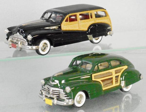 2 BROOKLIN MODELS WOODY AUTOS: white metal #95 1948 Buick Roadmaster Estate Wagon, #50 1948 Chevy Aero Sedan, C9.