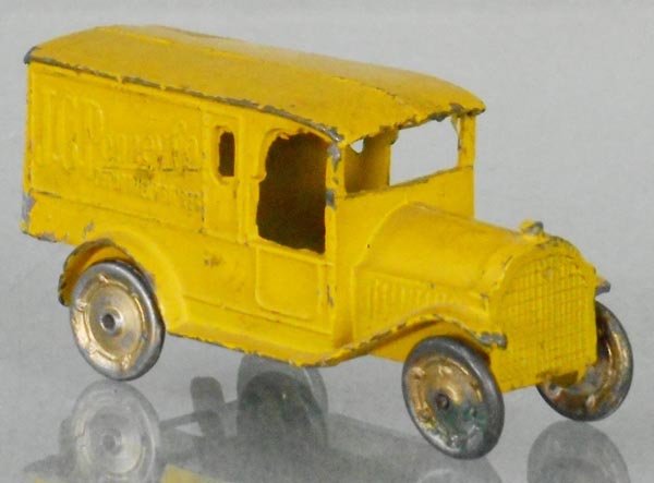 TOOTSIETOY 4630 ADVERTISING VAN: JC Penney Co, yellow, broken fender tip, C5.