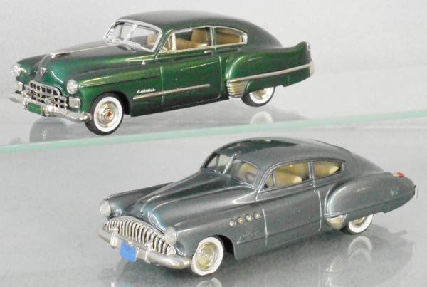 2 BROOKLIN MODELS: white metal, 40A 1948 Cadillac 61 Coupe, #10 1949 Buick Roadmaster 76 Series Sedanet, tires melted, C8-9.