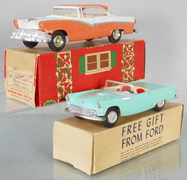 2 AMT 1955 FORD PROMOS: Fairlane, white & coral, friction working, Thunderbird, turquoise, both have paint embellishments, orig boxes minor wear, C7.