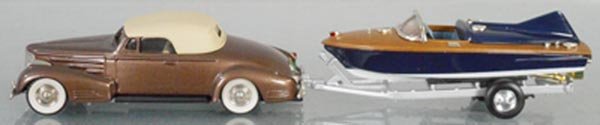 BROOKLIN COUPE & SPEEDBOAT: white metal, #14 1940 Cadillac V16 Convertible Coupe, missing hood ornament, BRK71 1955 Speedboat USA on trailer, C9.