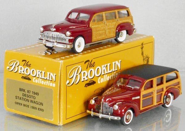 2 BROOKLIN MODELS STATION WAGONS: white metal, #87 1949 DeSoto, minor paint chip on 1 roof corner, #191 !940 Buick Super Series Model 59, missing hood ornament, 1 orig box & insert only, C8-9.