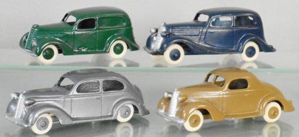 4 MINATURE VEHICLE CASTING AUTOS: die cast w/tin chassis, 4 3/4" long, 1938 Ford, 1935 Hudson, 1937 Dodge, 1937 Studebaker, C8.