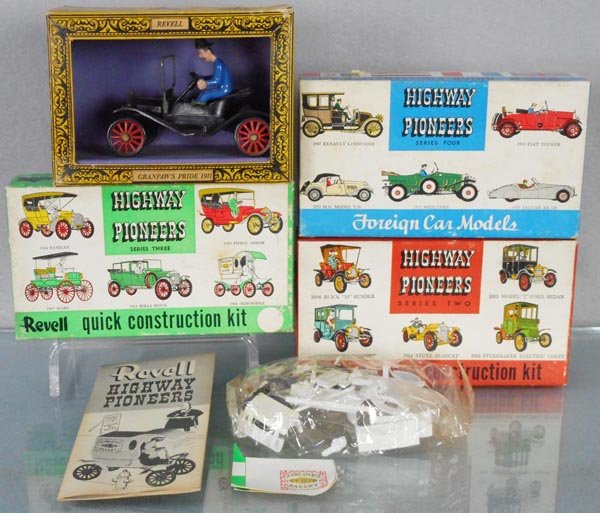 4 REVELL MODELS: Grandpa's Pride Model T, H-52 MG, H-44 Oldsmobile, H-41 Studebaker Electric, all unbuilt parts in sealed bags, orig boxes minor wear, C8-9.
