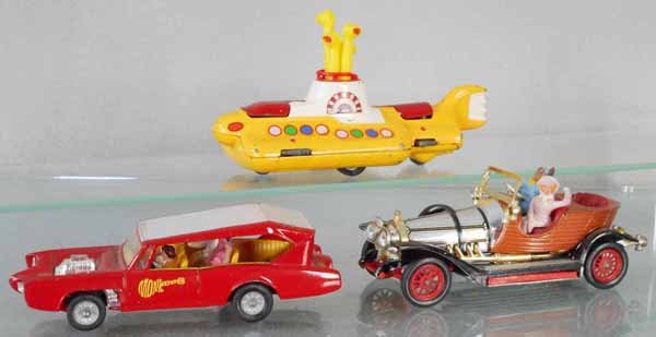 3 CORGI CHARACTER VEHICLES: 803 Yellow Submarine, 277 Monkeemobile, 266 Chitty Chitty Bang Bang, missing figures of children, all have some playwear, C5-7.