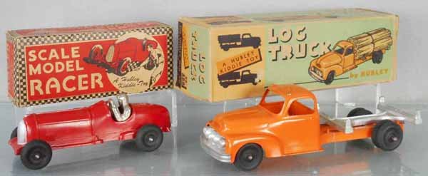 2 HUBLEY KIDDIE TOYS: die cast, 457 Racer, 469 Log Truck, missing logs, orig boxes some wear, C6-7.