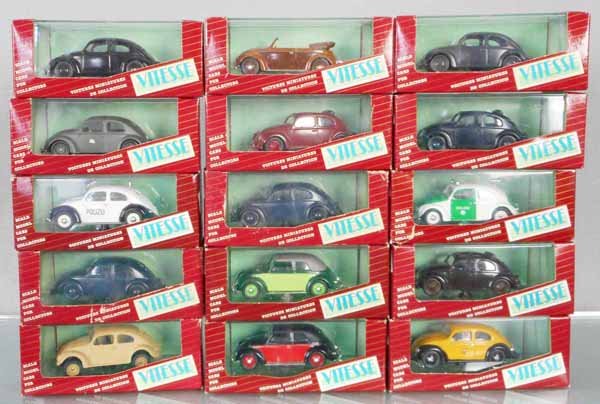 15 VITESSE VOLKSWAGEN BEETLES: die cast, 410, 408.1, 401.2, 400.2, 406, 403, 402, 400.1, 401.1, 400, 411, 401.0, 411. 400, 40SM65, orig boxes, C9-10.