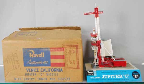 REVELL US ARMY JUPITER C STORE DISPLAY: cardboard display containing built plastic Jupiter C Satellite Launcher, display is 11” long, model is loose from display, appears complete, no orig model kit box for space on display, w/orig shippi