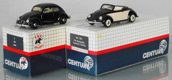 2 CENTURY AMR VOLKSWAGEN BEETLES: white metal, #3 1949 Beetle, missing 1 windshield wiper, #9 1949 Hebmuller Cabriolet, orig boxes & inserts, C9.