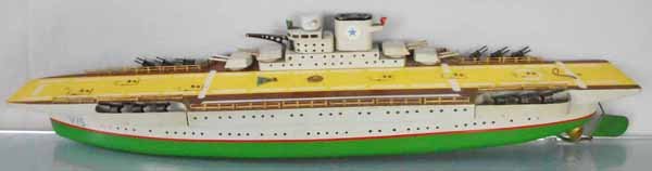 VENTURA VIS AIRCRAFT CARRIER: wood, 27 1/2” long, windup working, missing 6 deck planes, C6.