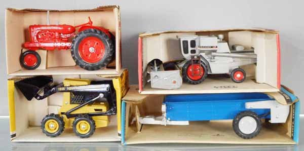 4 ERTL FARM VEHICLES: die cast, 320 New Holland Skid-Steer Loader, 1206 Allis Chalmers Tractor, 1207 Allis Chalmers Gleaner L3 Combine, 822 Spreader, light oxidation on hitch, orig boxes & inserts minor wear, C8-9.