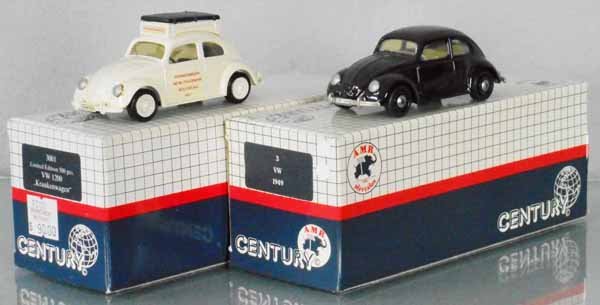 2 CENTURY AMR VOLKSWAGEN BEETLES: white metal, #310 Krankenwagen 1200, missing 1 windshield wiper, #3 1949 Beetle, orig boxes & inserts, C9.