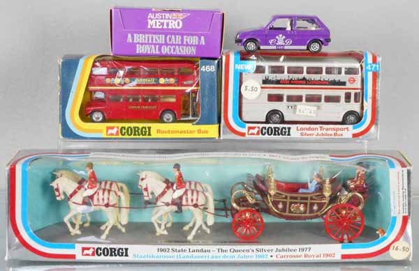 CORGI ROYAL LONDON VEHICLES: 51693 Austin MIni Metro w/Charles & Diana motif on doors, 468 London Bus, 471 London Silver Jubilee Bus, 41 1902 State Landau for 1977 Queen’s Jubilee, orig boxes minor wear, C9.