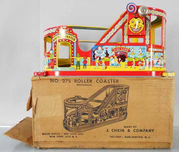 CHEIN 275 ROLLER COASTER: litho tin windup, working, w/2 cars, orig box rough, C7-8.