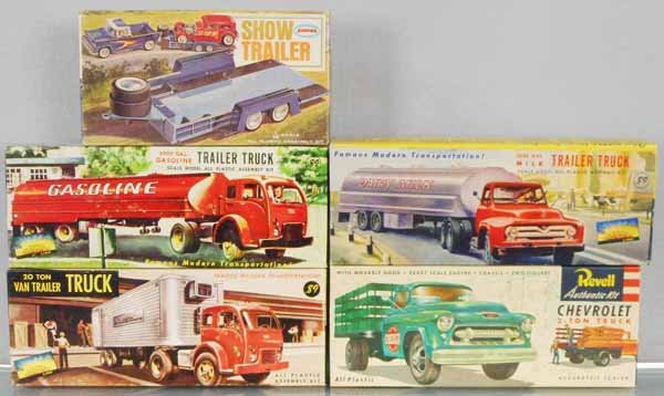 5 PLASTIC TRUCK MODEL KITS: Revell H1401-98 Chevy Truck, Aurora 682-89 Gasoline Truck, 684-89 Van Trailer Truck, 681-89 Milk Trailer Truck, 530-49 Show Trailer, all unbuilt & appear complete, orig boxes, some w/minor wear, C9-10