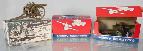 PREMIER’S & CRESCENT ARTILLER GUNS: die cast, Premier’s 75mm Field Gun, w/shells, 2 Crescent 1250 Light Artillery Guns, orig boxes, C9.