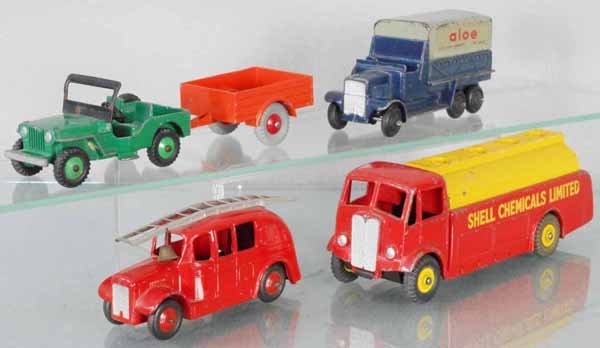 5 DINKY VEHICLES: 405 Universal Jeep, 341 Trailer, 25S 6-Wheel Wagon, 250 Streamlined Fire Engine, 591 AEC Shell Tanker, C4-7.