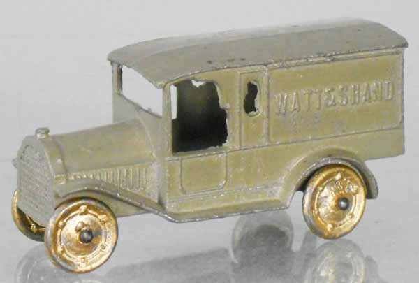 TOOTSIETOY 4630 WATT & SHAND ADVERTISING VAN: gray, 1 front axle loop broken, both front fender tips broken, C6-7.