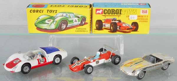 3 CORGI AUTOS: 330 Porsche Carrera, orig box, 158 Lotus Climax, orig box, 312 Jaguar E-Type, no driver, C8.