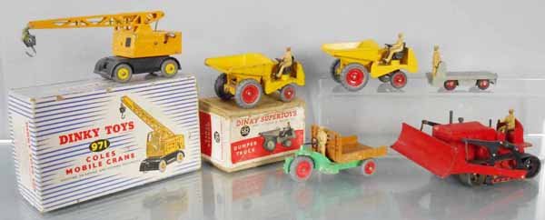 6 DINKY CONSTRUCTION VEHICLES: 971 Coles Crane, 2 #562 Muir Hill Dump Trucks, 342 Motocart, 14A BEV Electric Truck, 963 Blaw Knox Bulldozer, 2 orig boxes only, boxes worn, C4-7.