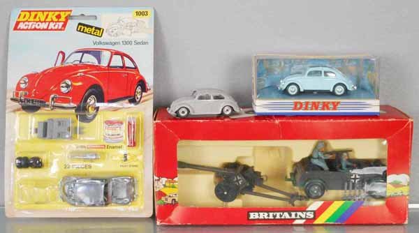 DINKY & BRITAINS VEHICLE LOT: Dinky Action Kit 1003 Volkswagen 1300 Sedan, factory sealed on orig card, 181 VW Beetle, DY-6 VW Beetle, orig box, Britains 9788 Army Group - Auto & Field Gun, orig box & insert some wear, 181 is C4, 