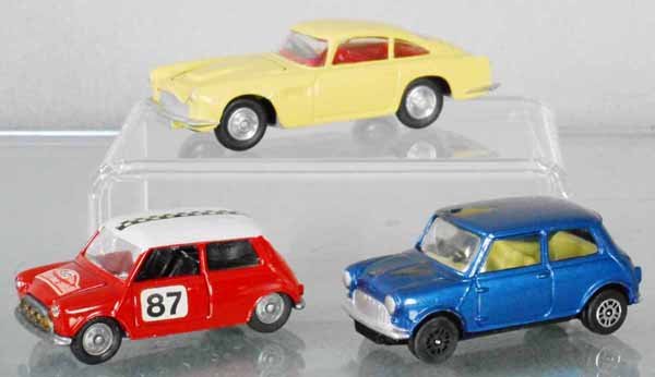 2 CORGI VEHICLES: 218 Aston Martin DB4, w/shaped wheels, 204B Morris Minor, w/error wheels, Mebetoys A28 Mini Minor Innocenti, C8-9.