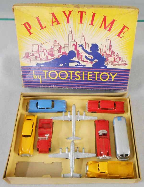 TOOTSIETOY 7000 PLAYTIME SET: contains Cadillac, Chrysler, Jeep, Lincoln, Greyhound Bus, Buick, Pick Up, 2 Airplanes, missing Gas Truck, orig box & insert minor wear, C5-8.