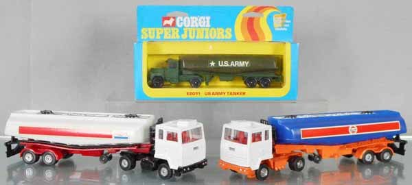 3 CORGI TANKER TRUCKS: Super Juniors E2011 US Army Tanker, orig box, 1151 Exxon Tanker, 1152 Gulf Tanker, C8-9.