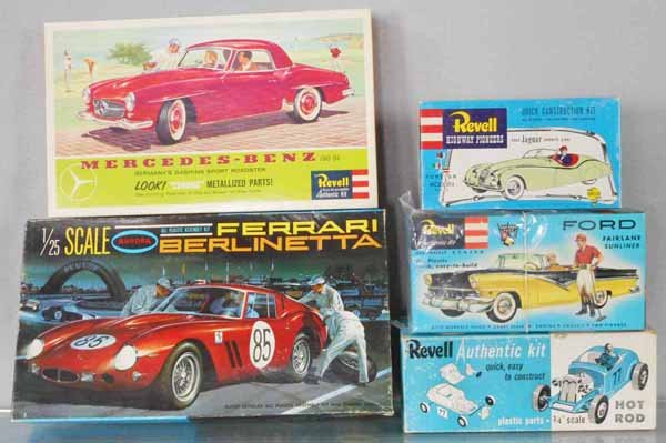 5 PLASTIC AUTO MODEL KITS: Aurora 563-198 Ferrari Berlinetta, Revell H-1239-139 Mercedes 190SL, H1202-6-98 Ford Fairlane Sunliner, H-56-69 Jaguar, H-59 Hot Rod, all unbuilt & appear complete, orig boxes some w/minor wear, C9.