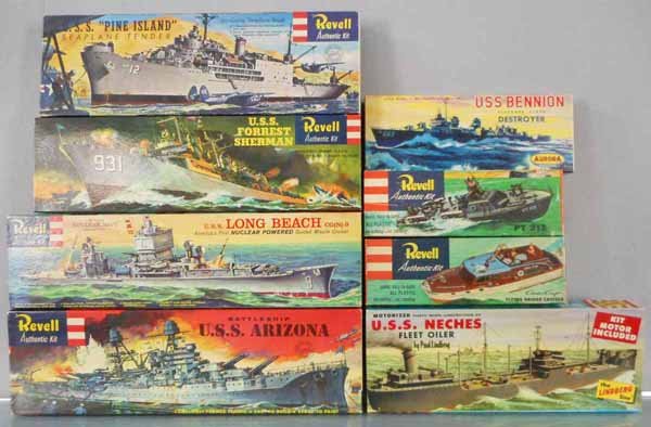 8 PLASTIC BOAT MODEL KITS: Aurora 704-79 USS Bennion, Lindberg 775M USS Neches, Revell H348-198 USS Arizona, H352-169 USS Forrest Sherman, H362-169 USS Pine Island, H368-169 USS Long Beach, H304-98 PT 212, H302-98 Chris Craft,