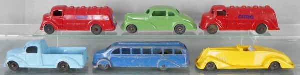 6 DIE CAST AUTOS: 6” to 7” long, 2 Gas Trucks, Coupe, Pick Up, Metal Masters Bus & Convertible, 3 are restored, C3-8.