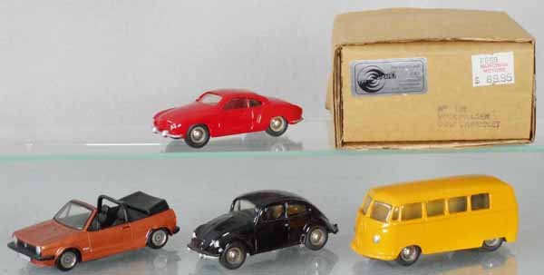 4 TIN WIZARD VEHICLES: white metal, Karmann Ghia, Golf Cabriolet, VW Beetle w/rear split window, Bus, orig boxes, only 1 shown in photo, C8-9.