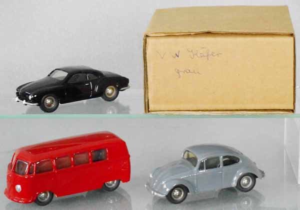 3 TIN WIZARD VOLKSWAGENS: white metal, Karmann Ghia, Beetle, Bus, 3 orig boxes, only 1 shown in photo, C8-9.