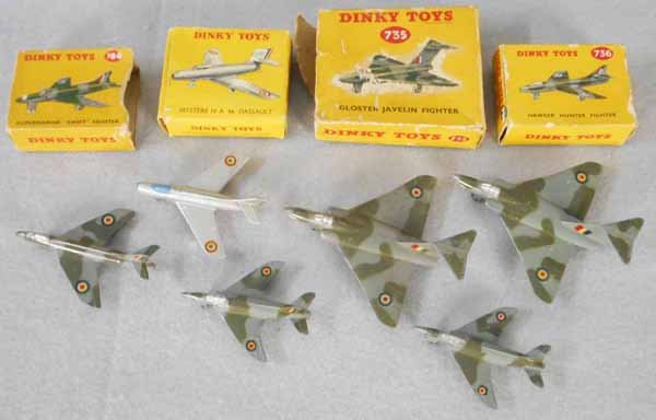 6 DINKY FIGHTER PLANES: 2 #734 Supermarine Swift, 60A Mystere IV A Marcel Dassault Fighter, 2 #735 Gloster Javelin Fighters, 736 Hawker Hunter Fighter, missing 1 wheel, orig boxes only, 4 are rough, C6-8.