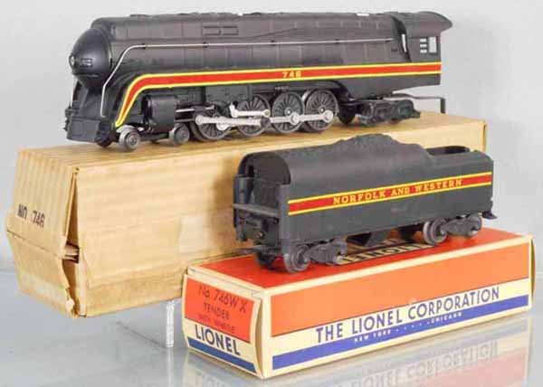 LIONEL 746 N&W LOCO & TENDER: O ga, 746 loco, 746WX long stripe tender, orig boxes, C8-9.