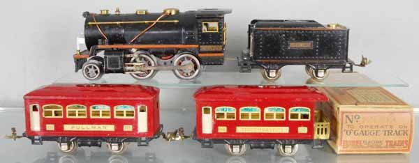 LIONEL TRAIN SET: O ga, 257 loco, 257T tender, orig box rough, 629 Pullman, 630 obsv, C5-6.