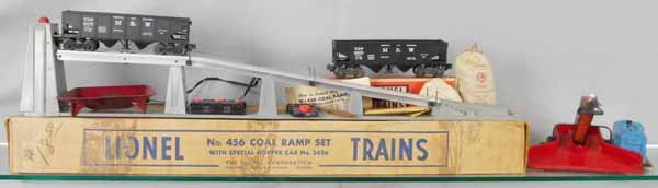 2 LIONEL ACCESSORIES: O ga, 456 coal ramp set, w/2 #3456 hoppers, wire guides broken, controller cord cracked, 397 coal loader, orig boxes minor wear, C6-7.