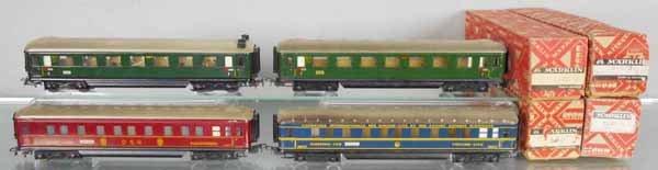 4 MARKLIN COACHES: HO ga, 346/1B coach w/end-of-train markers, 346/1 coach, 346/3 Mitropa sleeper, 346/3J CIWL sleeper, orig boxes minor wear, C5-7.