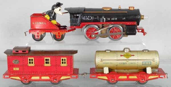 LIONEL MICKEY MOUSE FREIGHT SET: O ga, 1015 loco, windup working, battery headlight, 1509T Mickey stoker tender, 1515 tank, 1517 caboose, C5-6.