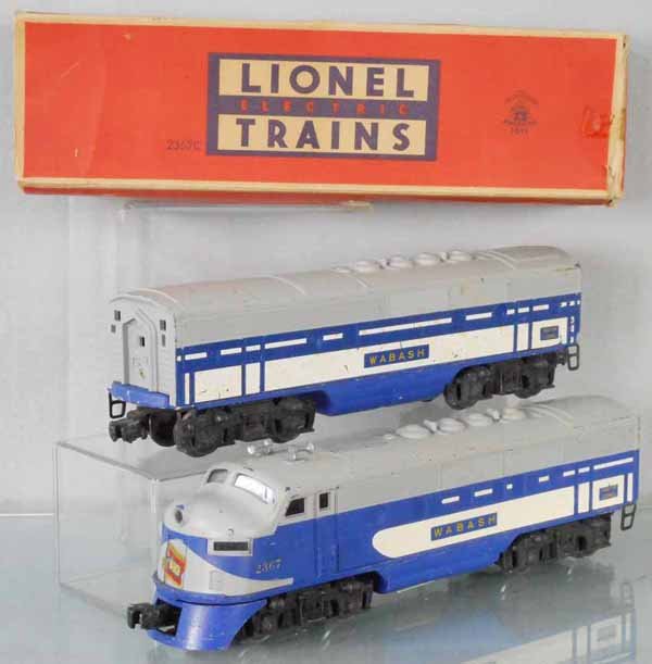 LIONEL 2367 WABASH AB DIESELS: O ga, 2367 A unit, nose decal chipped, 2367 B unit, w/rough orig box, C5.