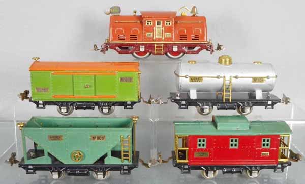 LIONEL TRAIN SET: O ga, 252 loco, terra cotta, 805 box car, 804 tank, 803 hopper, 807 caboose, C6-7.