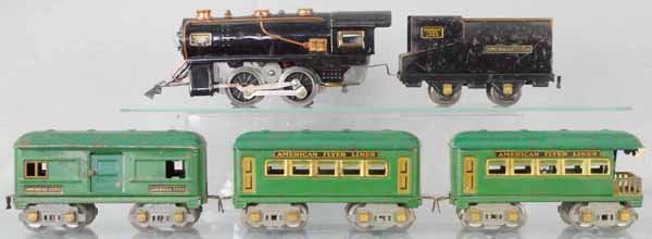 AMERICAN FLYER TRAIN SET: O ga, 3304 loco w/whistle, 3193 tender, 1214 baggage, 1213 Pullman, 1217 obsv, C4-5.